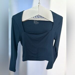 ReoRia Blue Square Neck Long Sleeve Crop Blouse